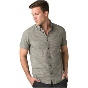 Prana Men's‎ Agua Shirt Slim Fit Short Sleeve Button Down Logo Striped Gray XL